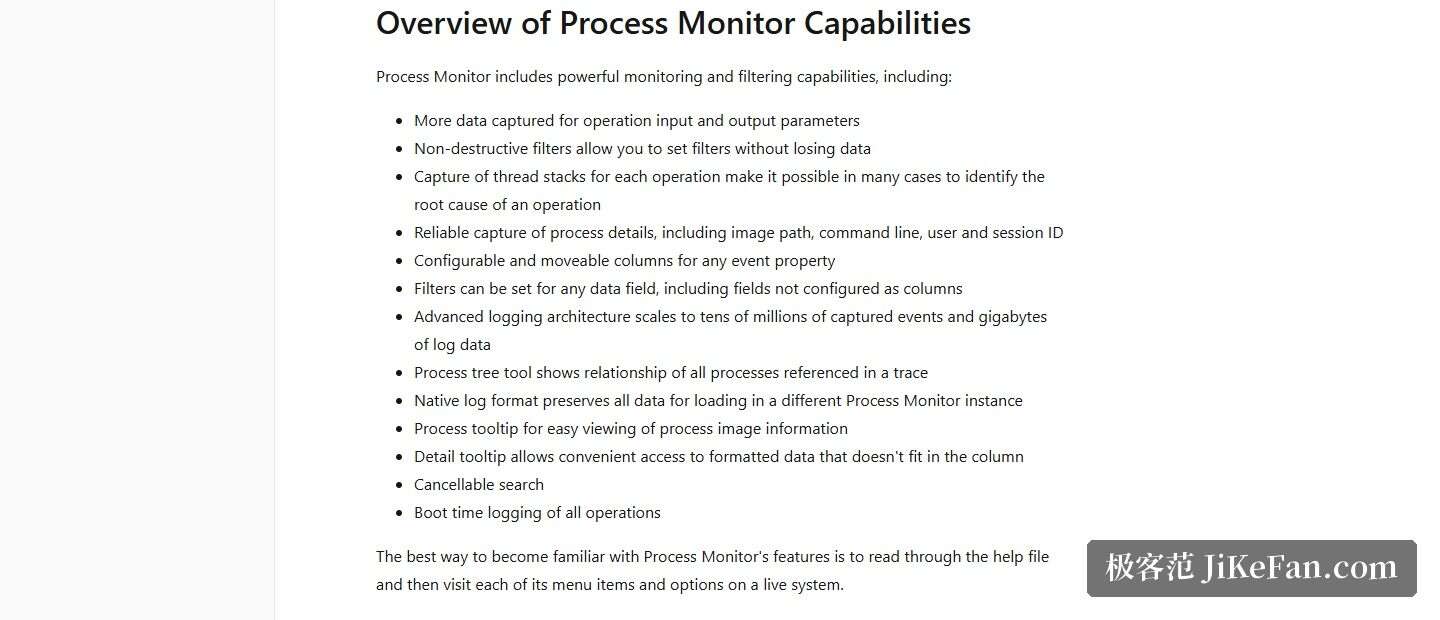 Process Monitor 官方页截图,Overview of Process Monitor Capabilities 区块:列出无损过滤、线程堆栈捕获、进程树、原生日志等全部能力