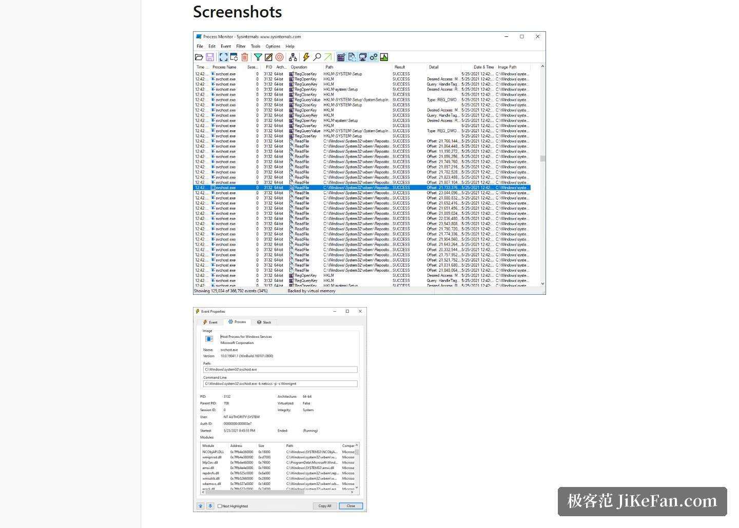Process Monitor 官方页 Screenshots 区块截图:主窗口事件流视图与事件属性详情窗口