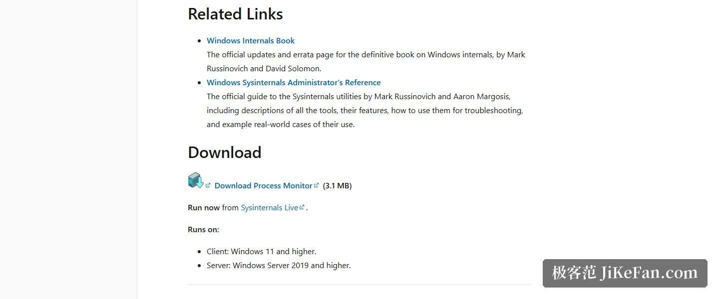 Process Monitor 官方页 Download 区块截图:下载入口、Sysinternals Live、客户端与服务器系统要求