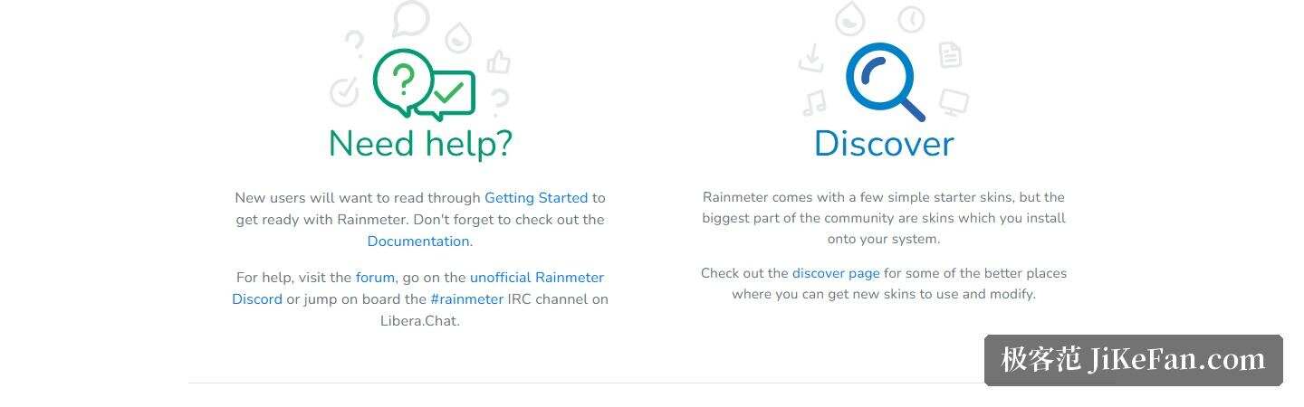 Rainmeter 官网首页截图,帮助与 Discover 区块:给出 Getting Started 与文档入口,并说明社区皮肤渠道