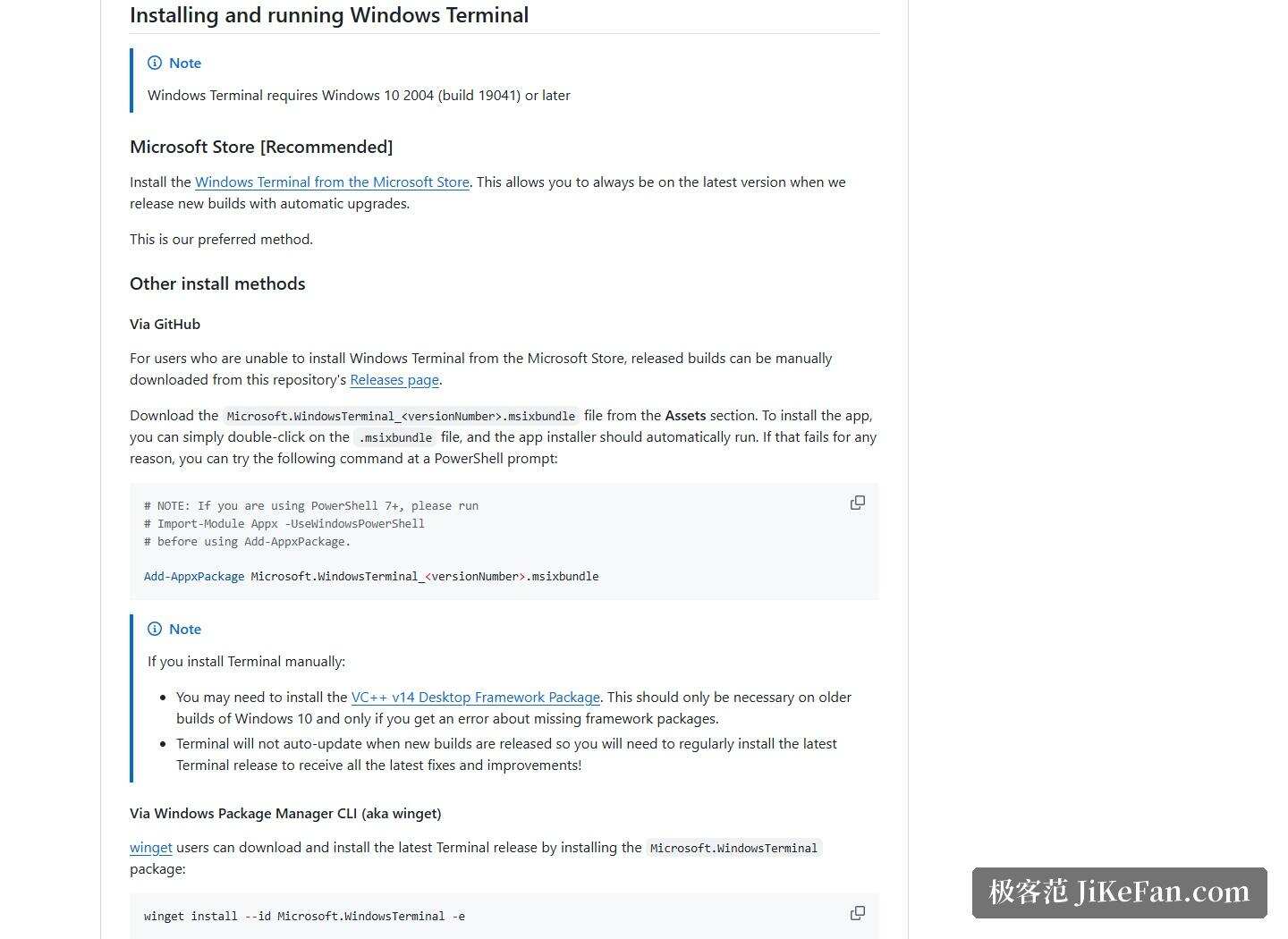 Windows Terminal 官方仓库截图,Installing and running 区块:系统要求、微软商店推荐渠道、msixbundle 手动安装与 winget 命令