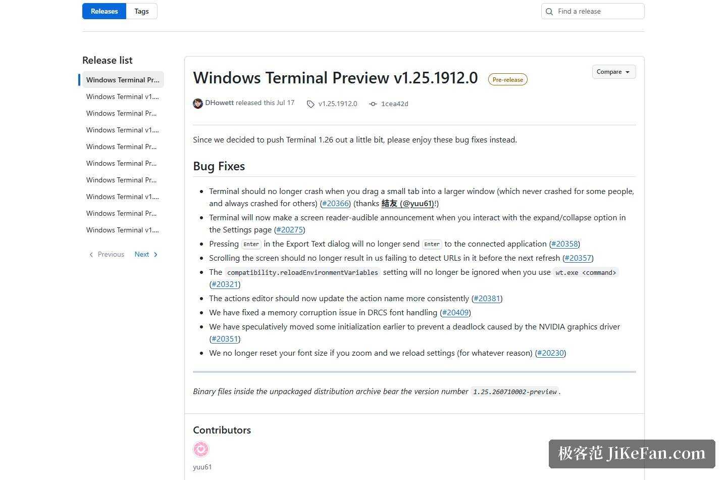 Windows Terminal 官方仓库 Releases 页截图:预览版 v1.25.1912.0 发布说明与 Bug Fixes 列表