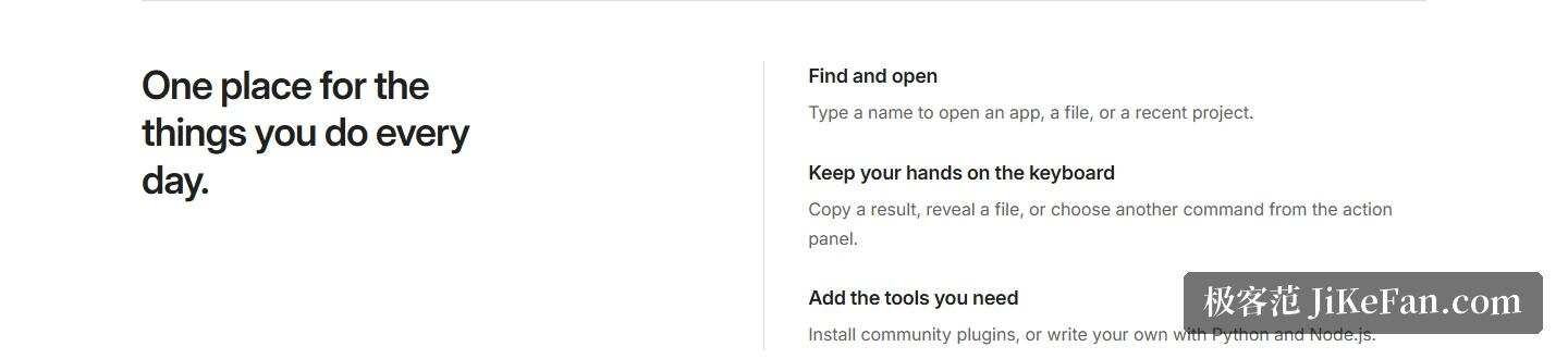 Wox 官网首页「One place for the things you do every day」区段（Find and open、Keep your hands on the keyboard、Add the tools you need 三个使用步骤）