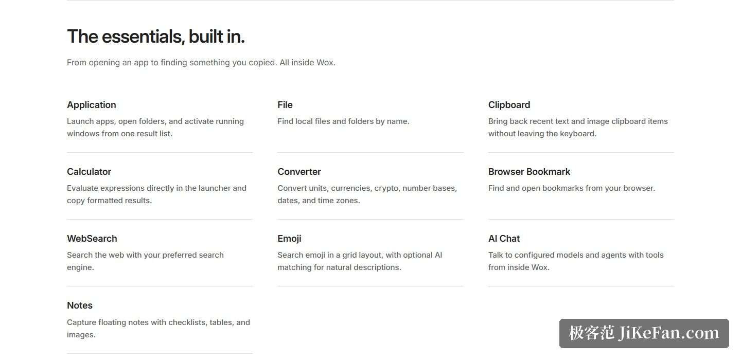 Wox 官网首页「The essentials, built in」区段（Application、File、Clipboard、Calculator、Converter、Browser Bookmark、WebSearch、Emoji、AI Chat、Notes 十项内置能力）