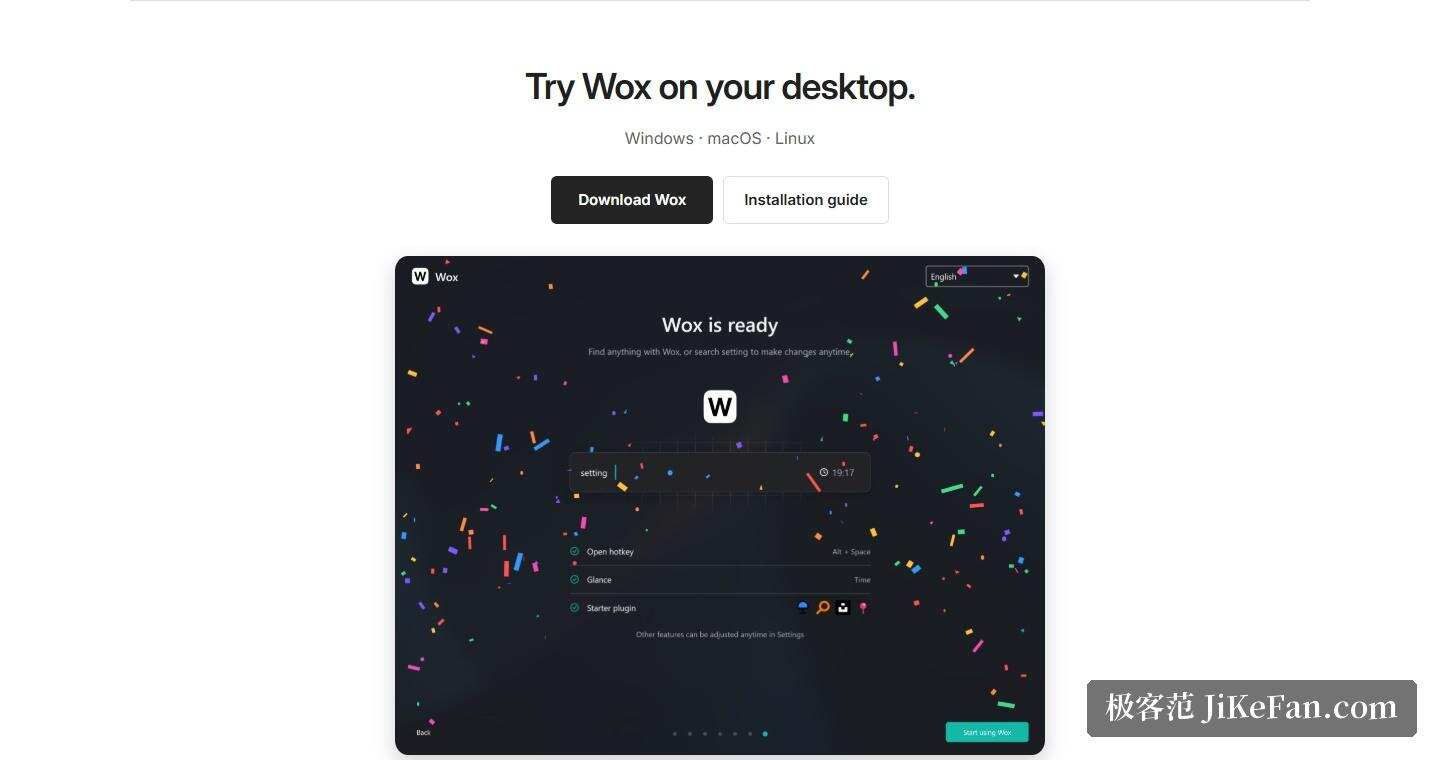 Wox 官网首页「Try Wox on your desktop」区段（Windows · macOS · Linux 三平台下载入口与 Installation guide）