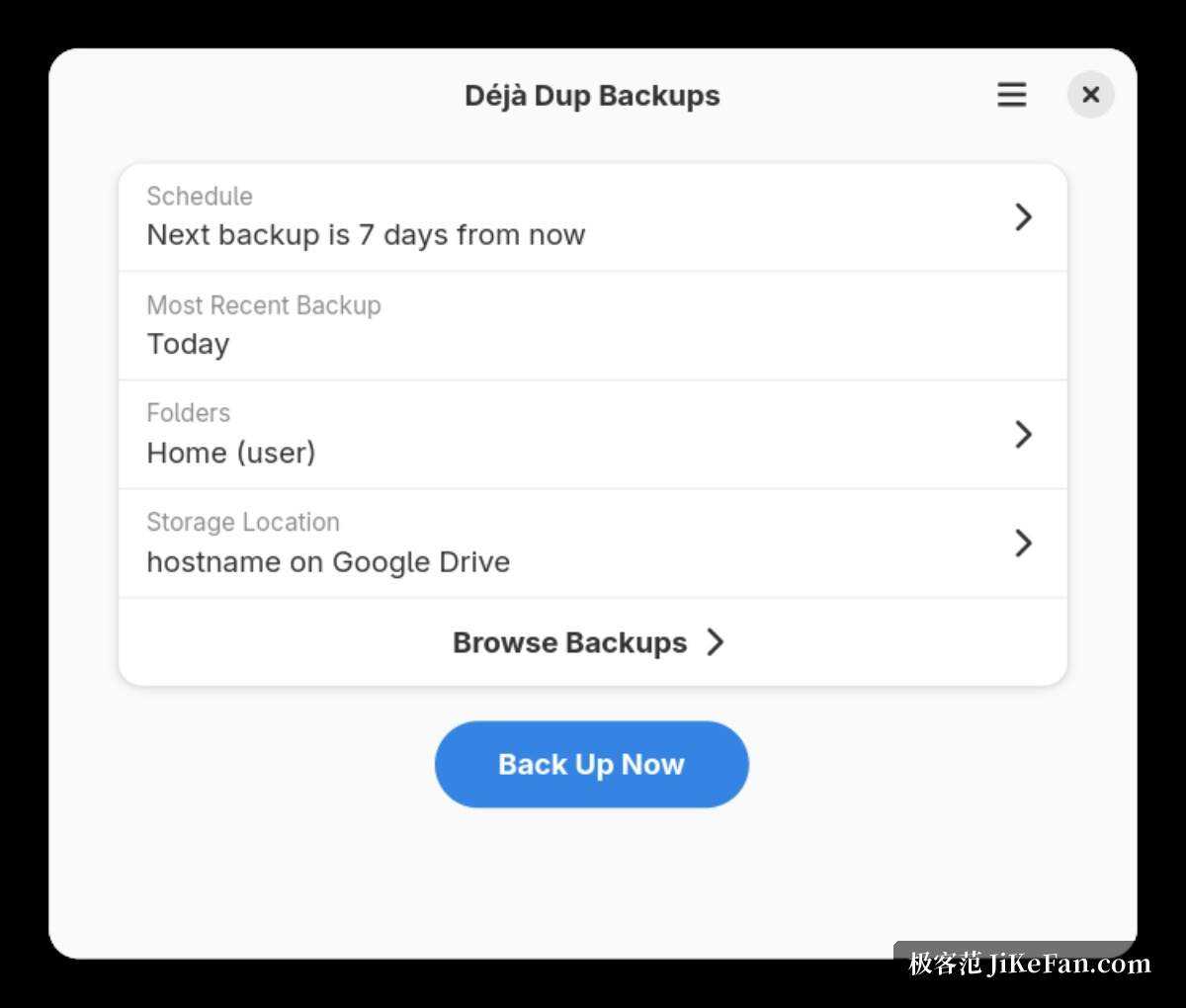 deja dup backup settings window