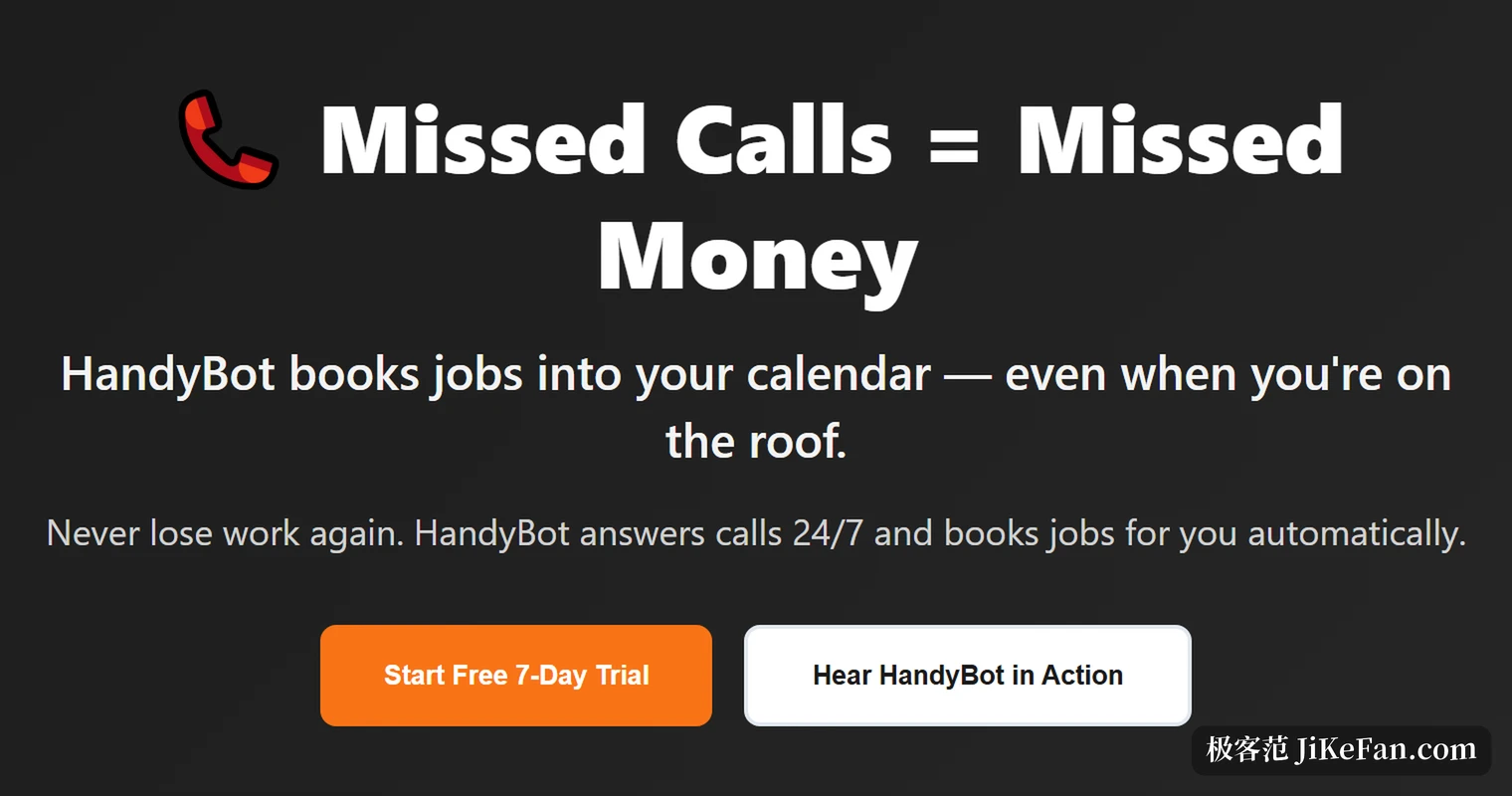 HandyBot home page hero with the headline Missed Calls = Missed Money