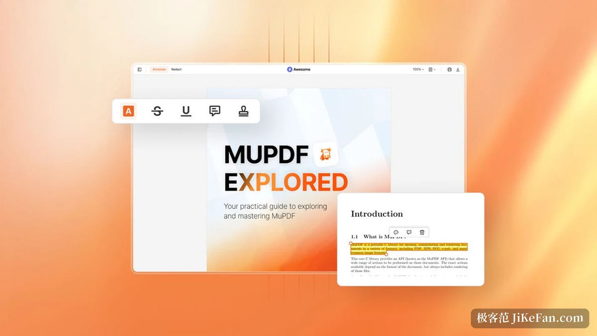 MuPDF 网页查看器界面,顶部为注释与涂销模式标签,左侧浮动工具栏