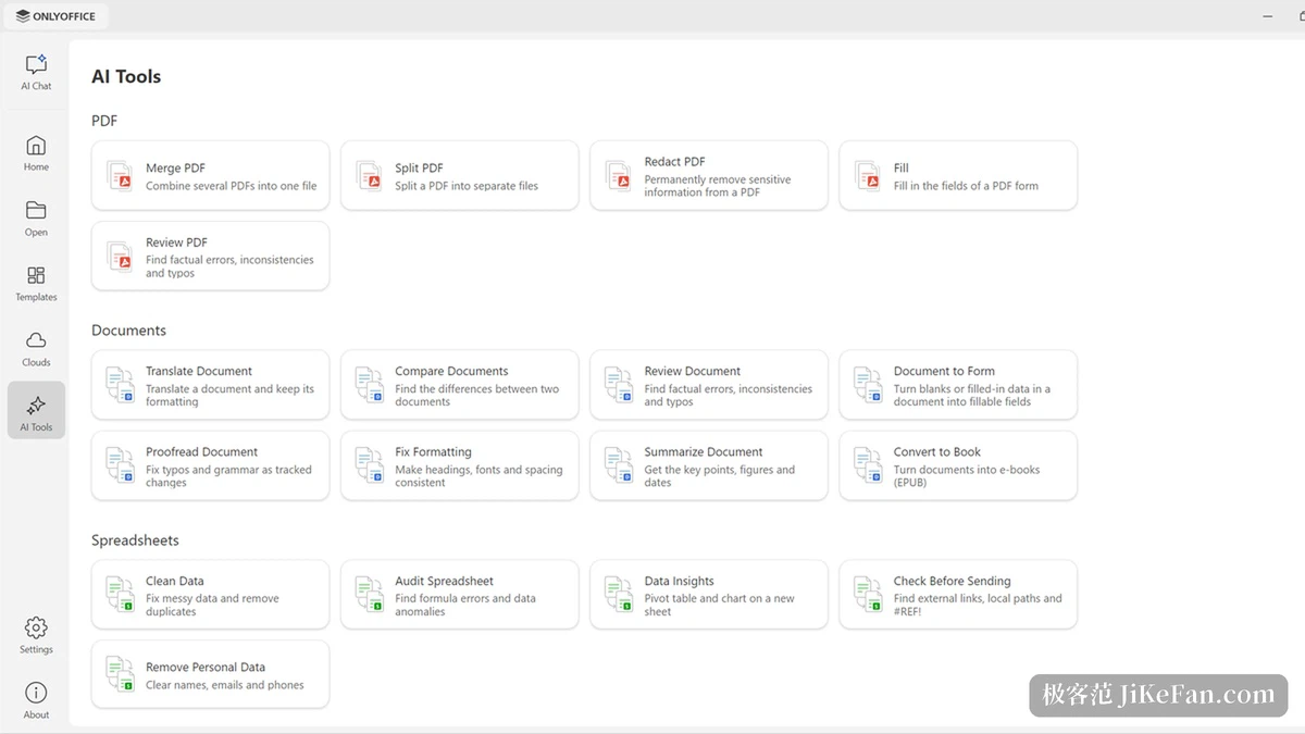 ONLYOFFICE AI Tools 按文档表格演示与 PDF 分组的预设动作