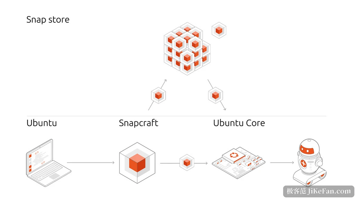 从本地构建到 Snapcraft 打包、再分发到 Ubuntu Core 设备的流程示意