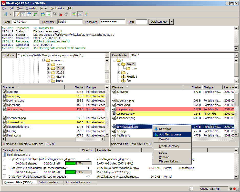 FileZilla Hauptfenster