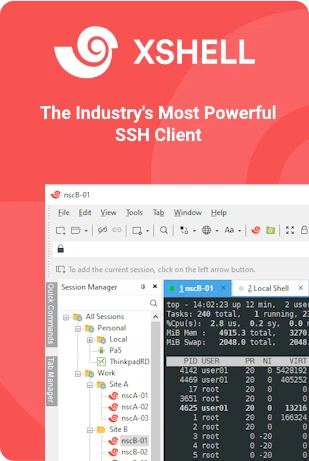 Xshell avec le gestionnaire de sessions ouvert