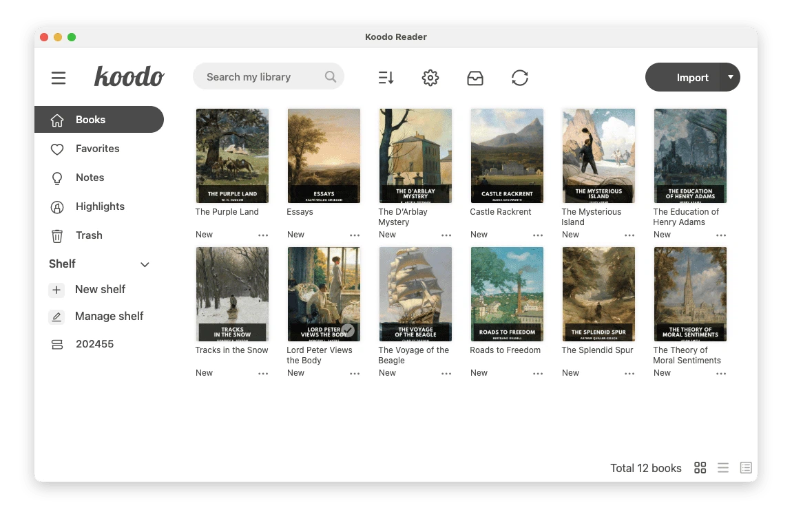Koodo Reader の本棚画面