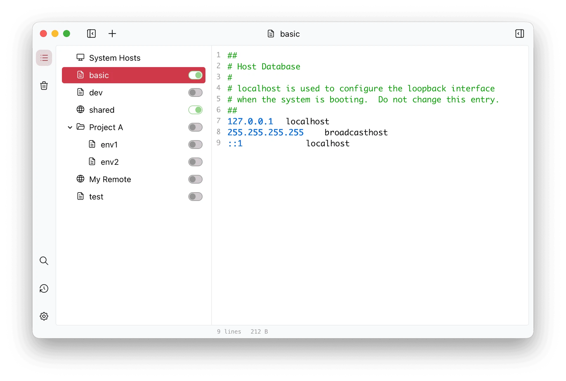 SwitchHosts with the scheme list and the editor open