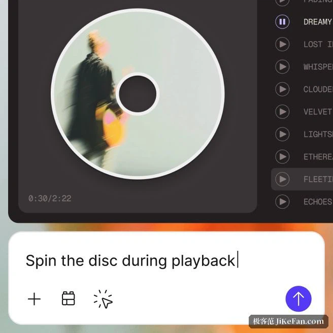 Figma-Beispiel: Ein bedienbarer Plattenspieler entsteht aus einem Prompt, die Platte soll sich beim Abspielen drehen