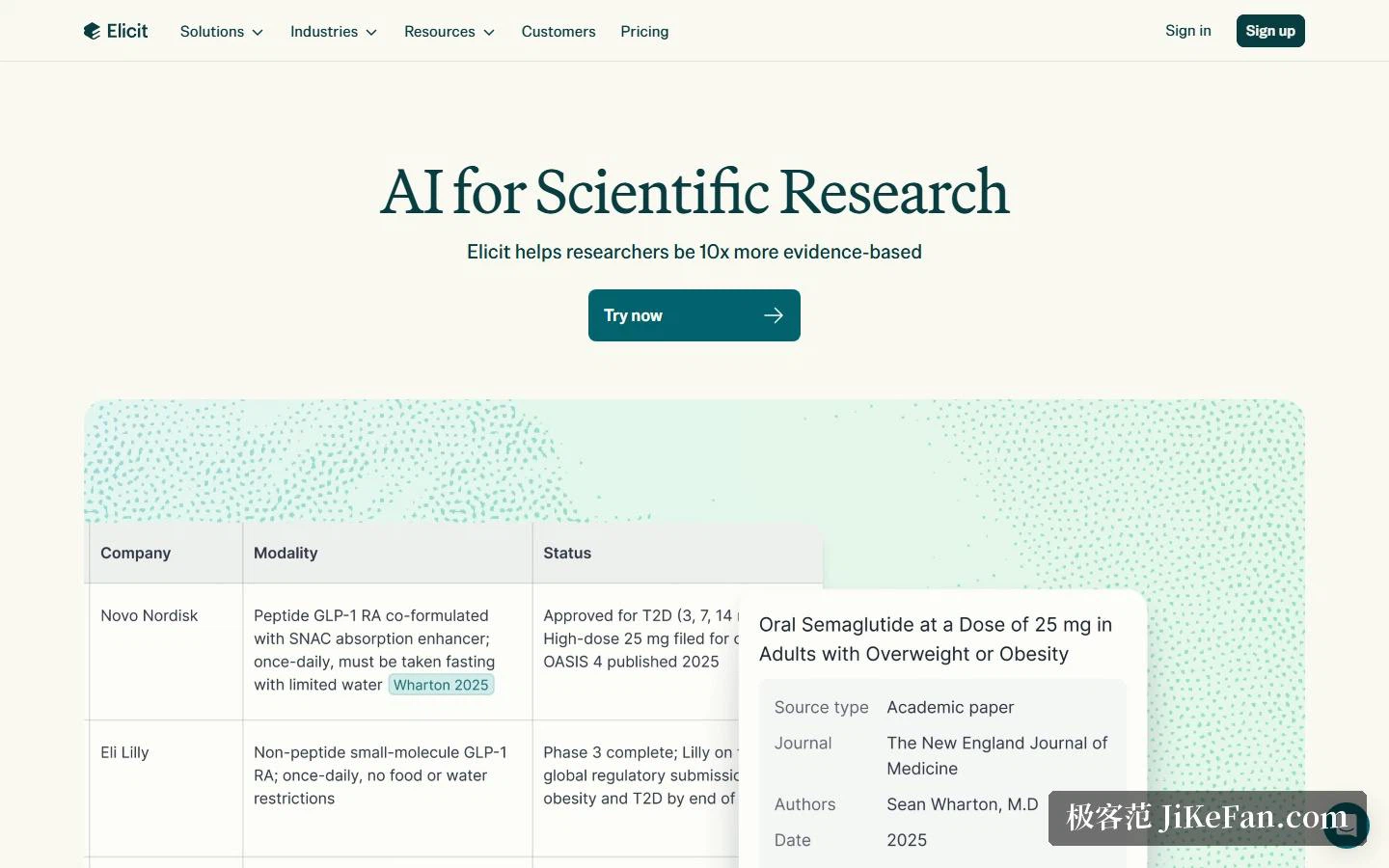 Die Elicit-Startseite: KI für wissenschaftliche Forschung mit Beispieltabelle