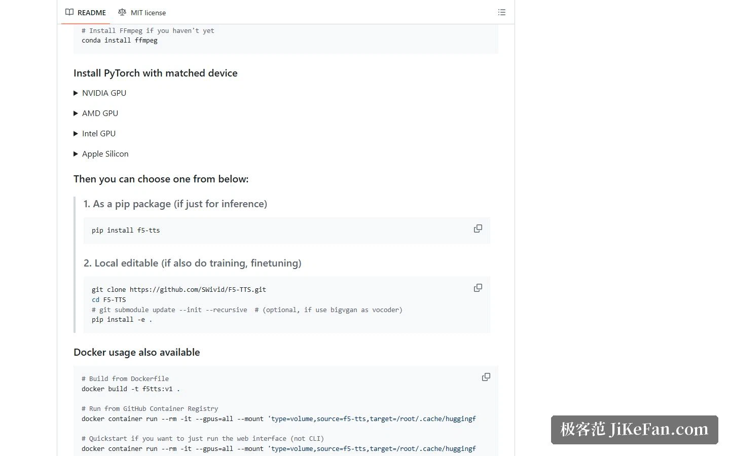 F5-TTS:pip パッケージ、ローカルの編集可能インストール、Docker を扱う導入説明