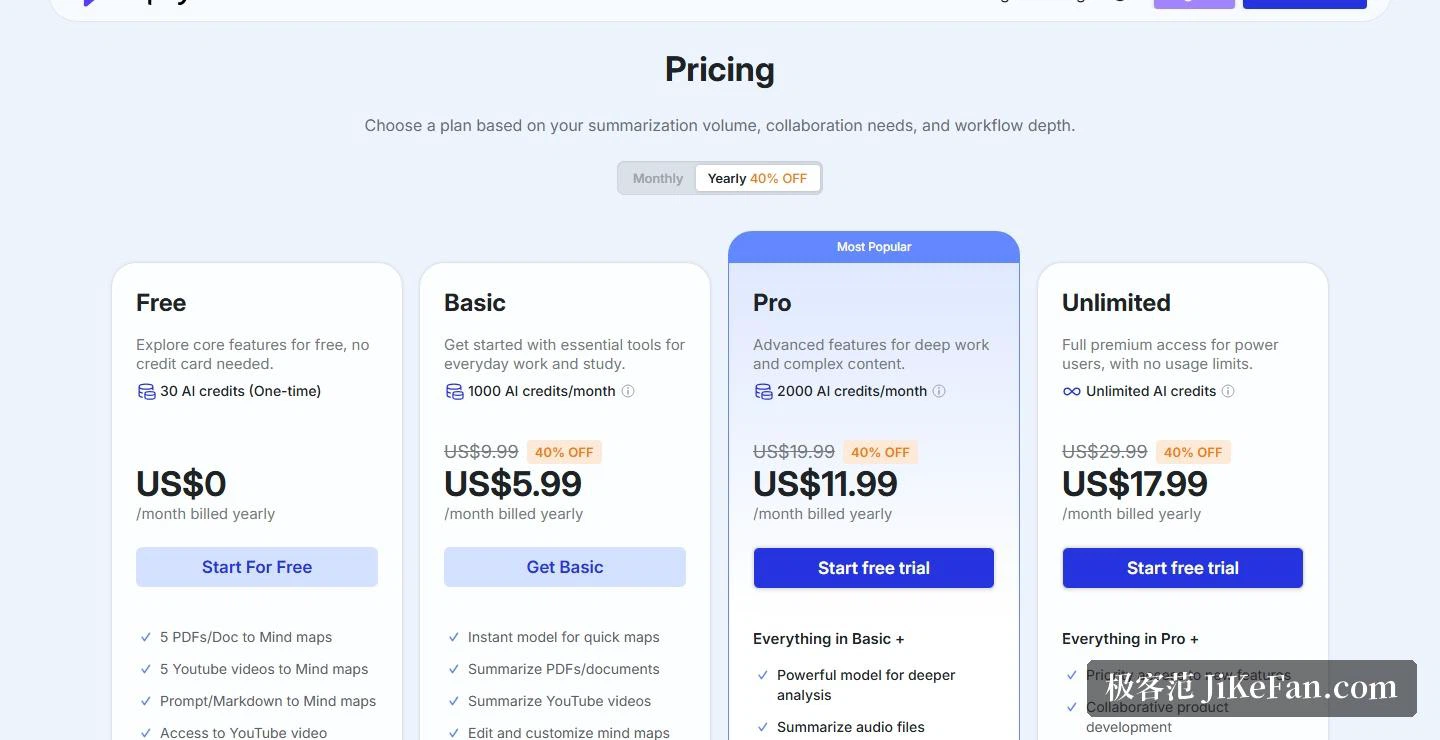 Mapify の料金ページ：無料版、Basic、Pro、Unlimited の比較