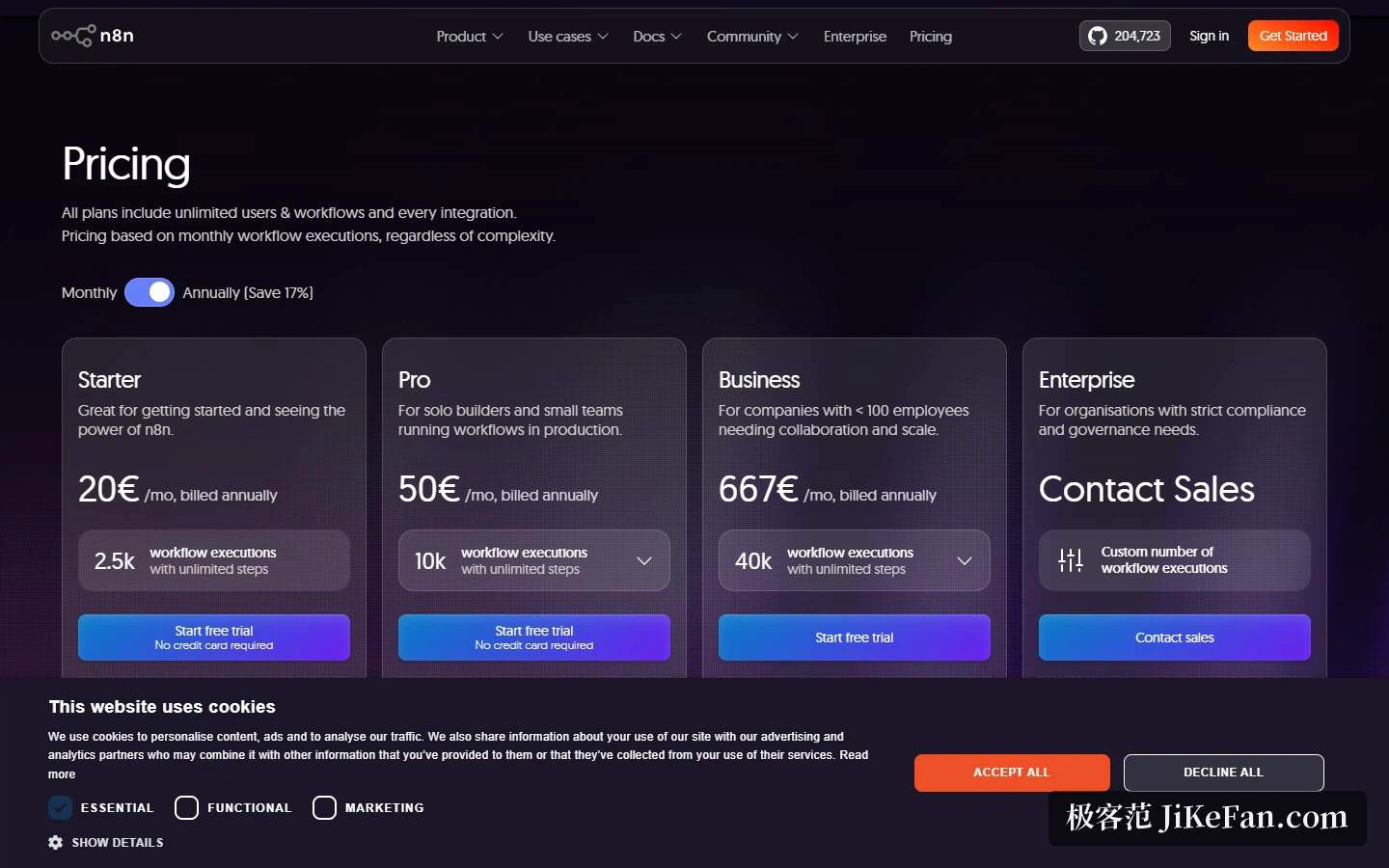 料金ページ：Starter、Pro、Business、Enterprise の四つ