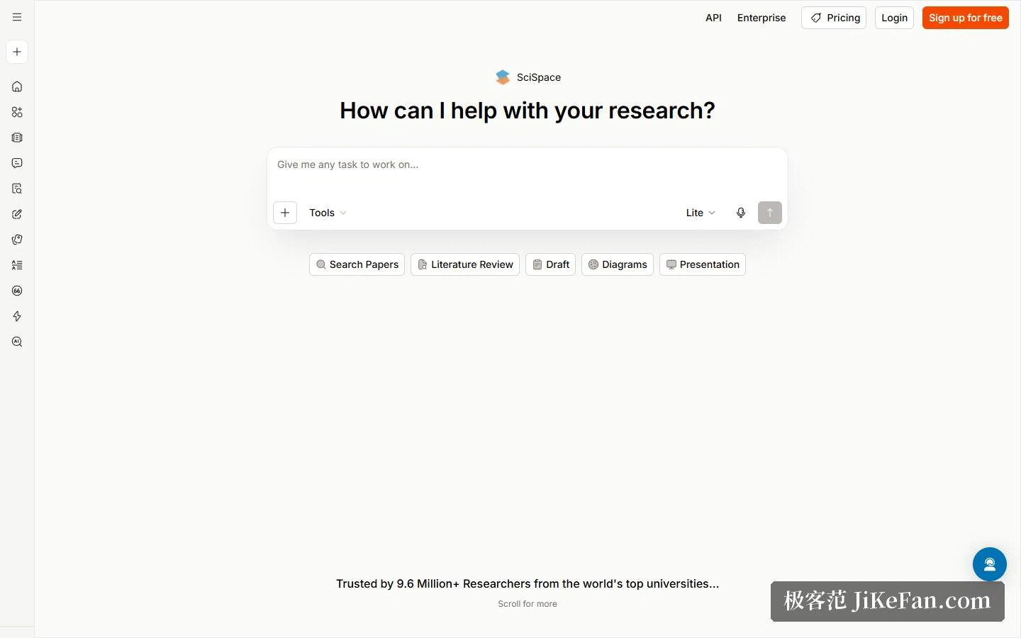 La page d'accueil de SciSpace : un champ et cinq entrées d'outils