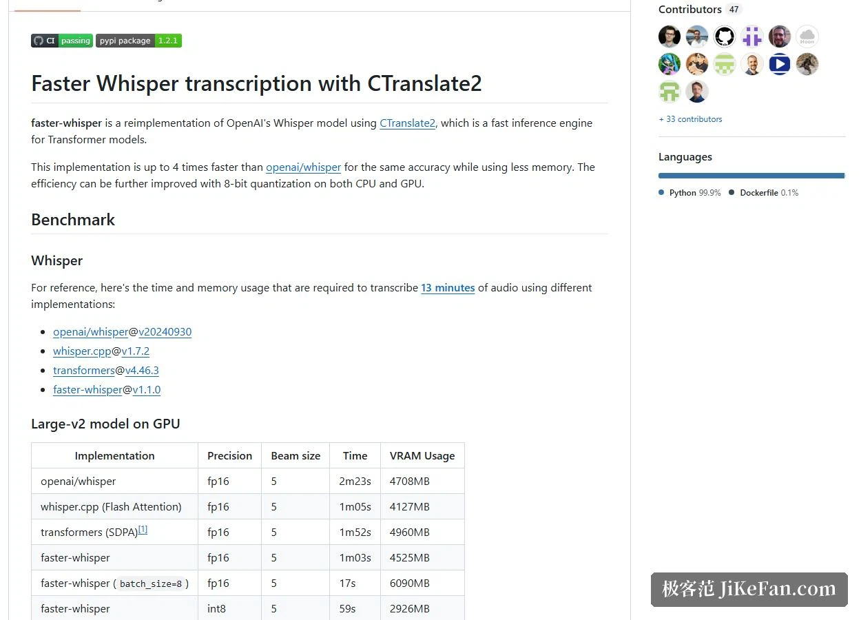 Seite von faster-whisper mit Benchmark-Tabelle