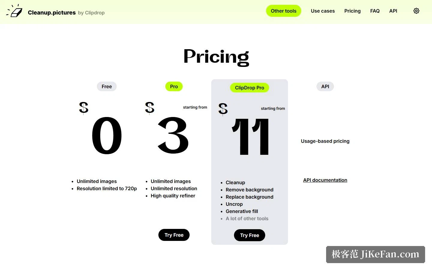 Pricing: free tier, Pro, sibling bundle and API
