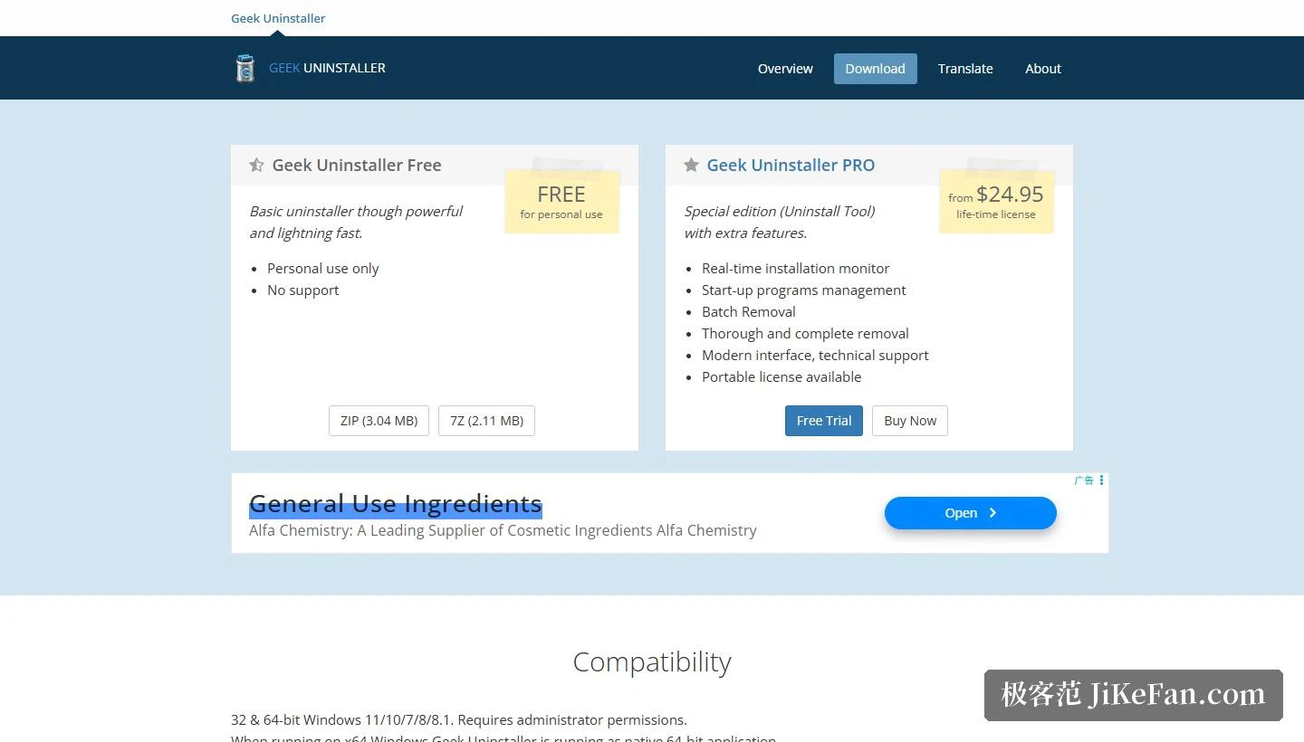 The product page: the free and Pro editions side by side