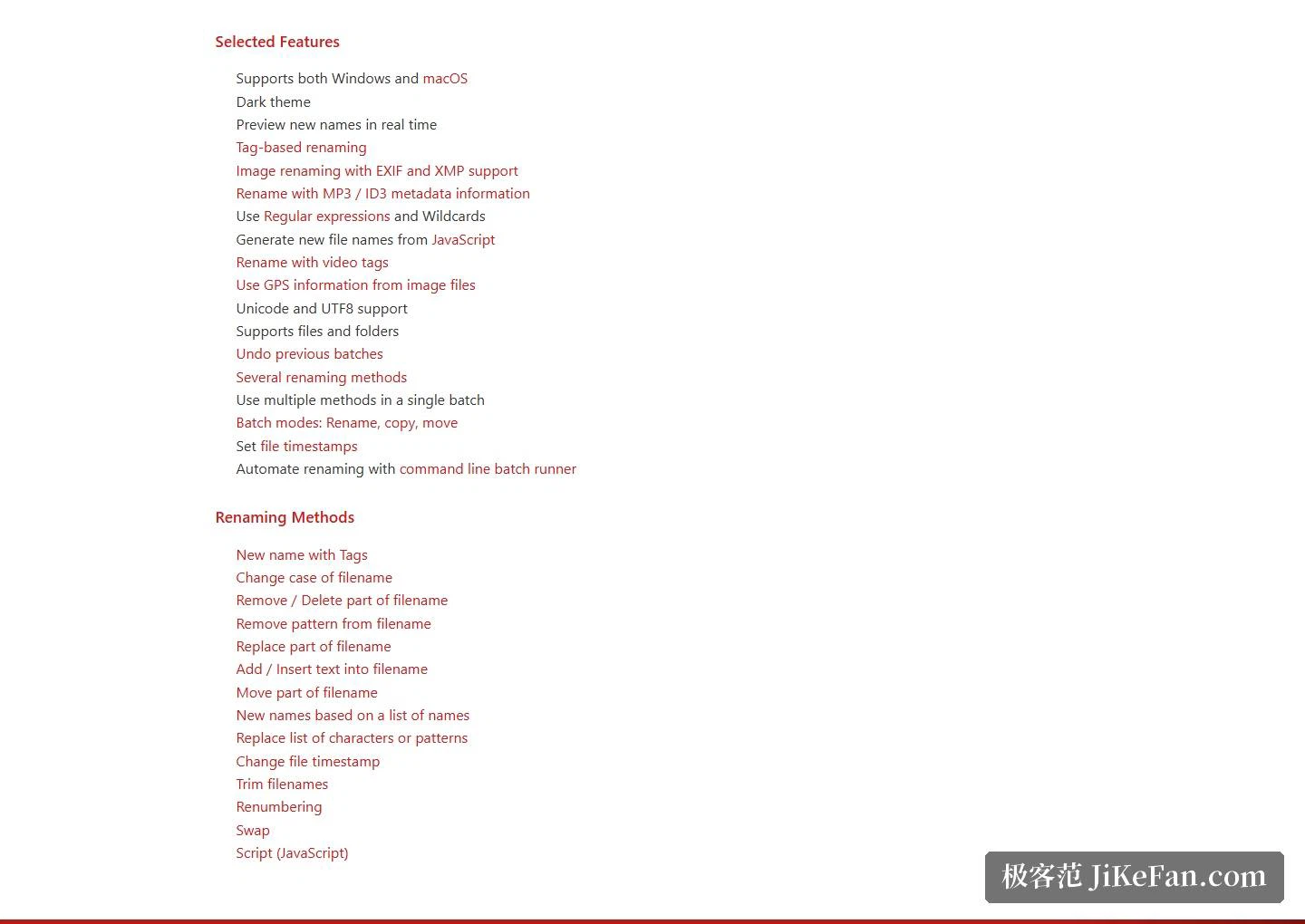 Funktionsuebersicht der offiziellen Seite: beide Systeme, Etiketten, EXIF und XMP, ID3, Muster, JavaScript, Videoetiketten, GPS, Stapelbetrieb