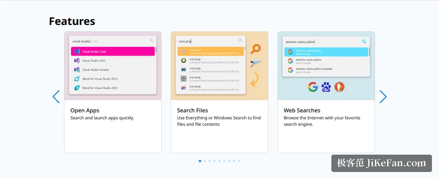 Flow Launcher 公式サイトの最初のページにある Features の区切り（ソフトを開く、ファイルを探す、網を探すの三枚の札）