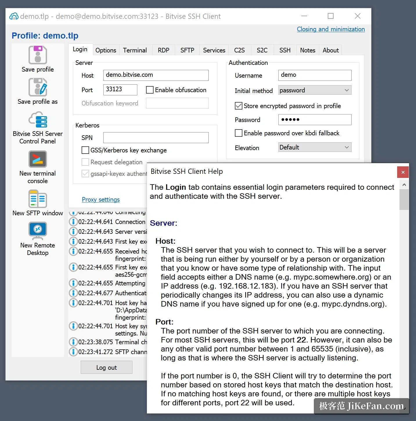 Das Anmeldefenster von Bitvise SSH Client