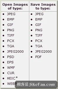 Die Liste der unterstuetzten Bildformate, erste Haelfte