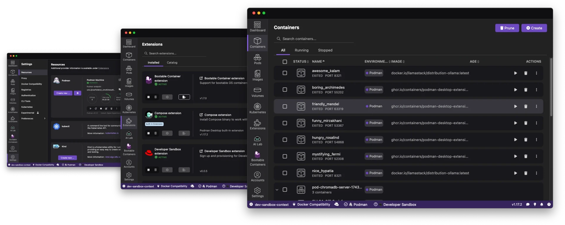 Podman Desktop の全体画面