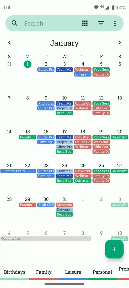 Die Monatsansicht von Fossify Kalender auf Android