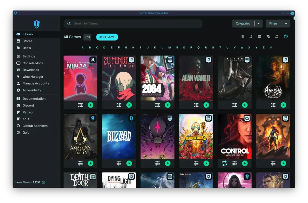 Heroic Games Launcher 의 통합 게임 목록