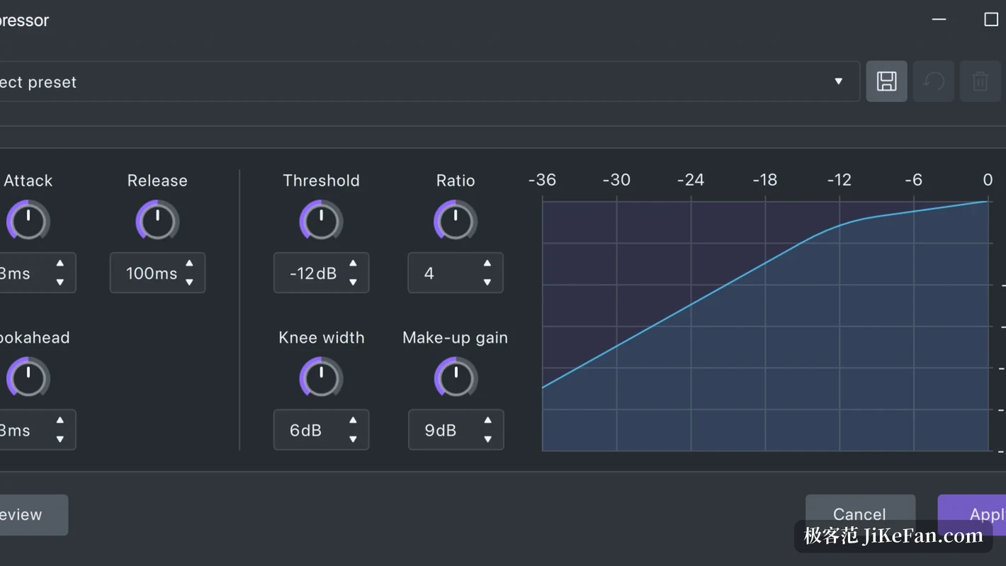 Audacity 4 内置压缩器界面,参数用旋钮调节