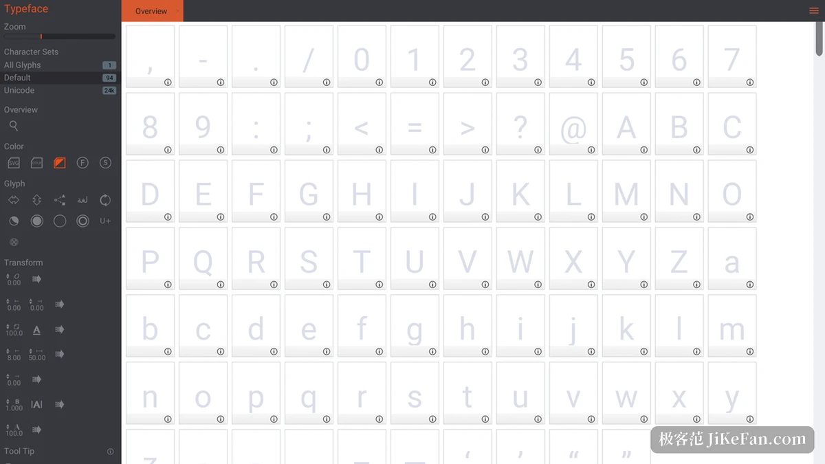 Birdfont 的字形总览页：左栏是工具箱与字符集，中间按 Unicode 区块排布字形网格