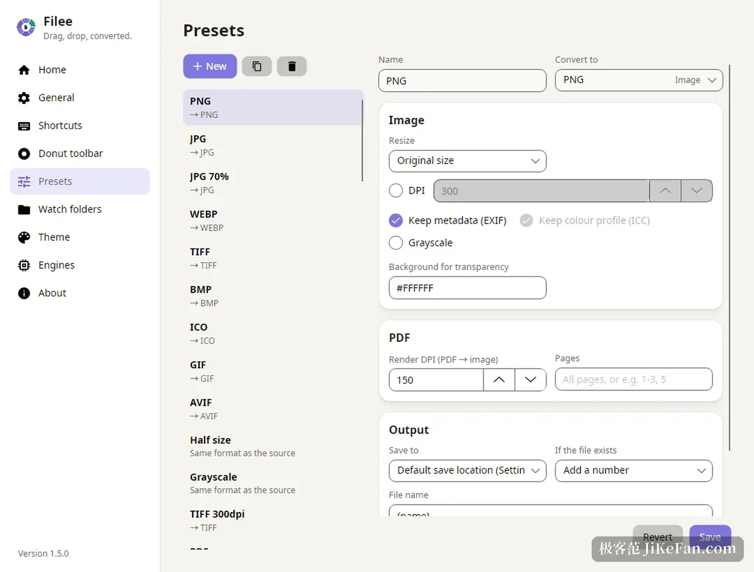 file format conversion presets panel