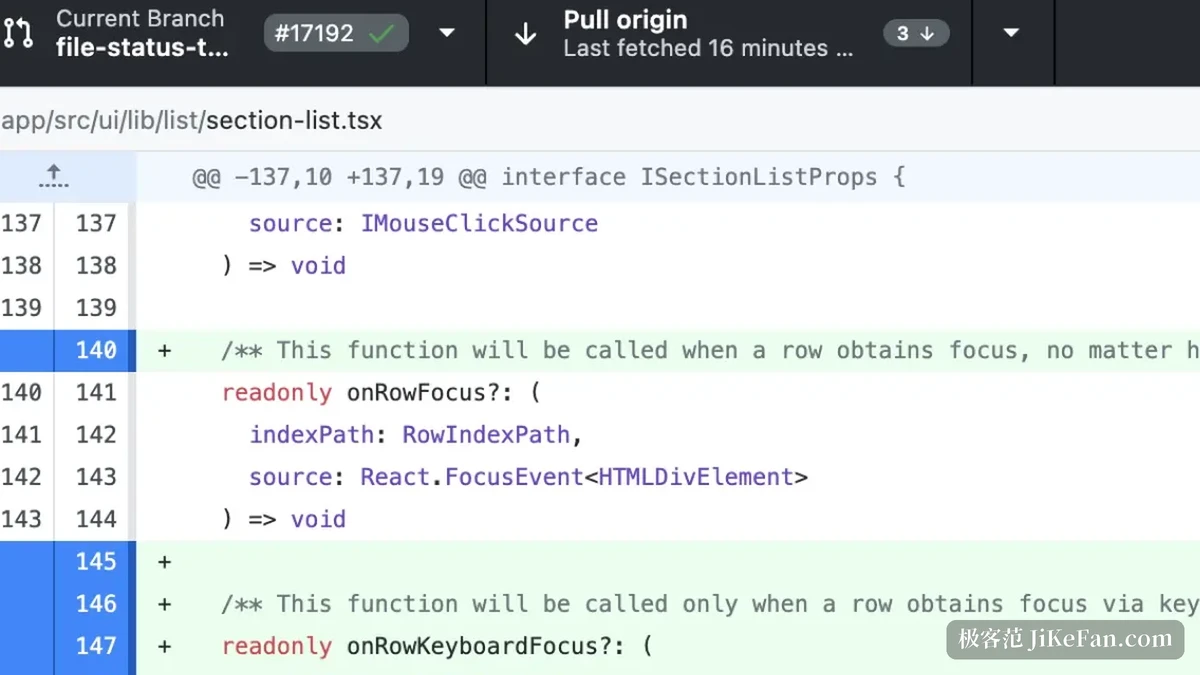 GitHub Desktop 界面截图：顶栏显示当前分支与 Pull origin 状态，右侧是 app/src/ui/lib/list/section-list.tsx 的差异视图，逐行标出新增的注释与 onRowFocus、onRowKeyboardFocus 两处只读方法声明