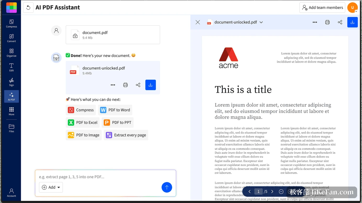 Smallpdf 的 AI PDF 助手界面，左侧对话区、右侧文档预览