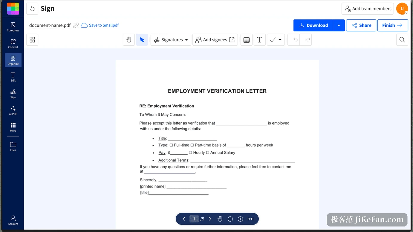 Smallpdf 的签署界面，右侧是可放置签名、文字与勾选框的工具栏