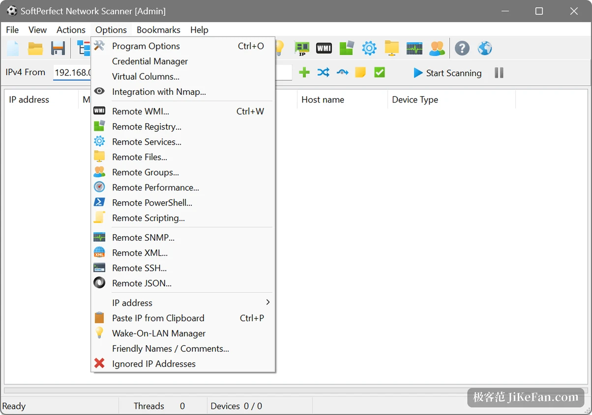SoftPerfect Network Scanner 的远程查询菜单,列出 WMI、注册表、服务、文件、SNMP、SSH 等入口