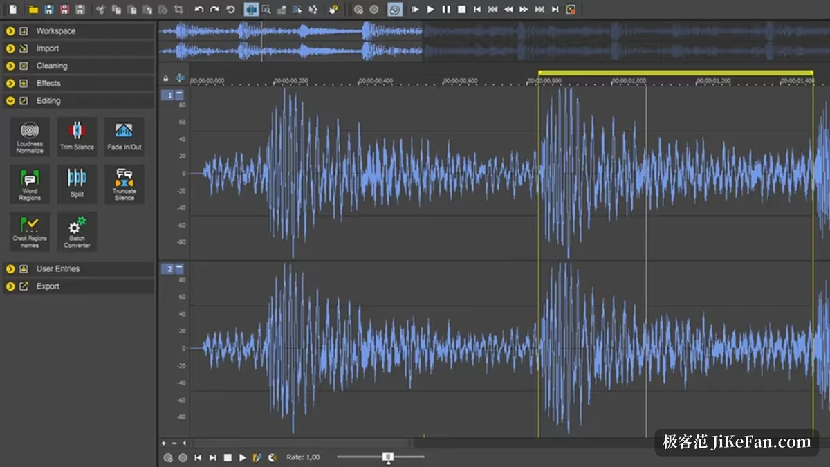 Sound Forge 2026 的编辑界面：上方是工具栏与时间刻度，中间是放大到样本级的双声道波形与音量包络，下方是播放控制与速率