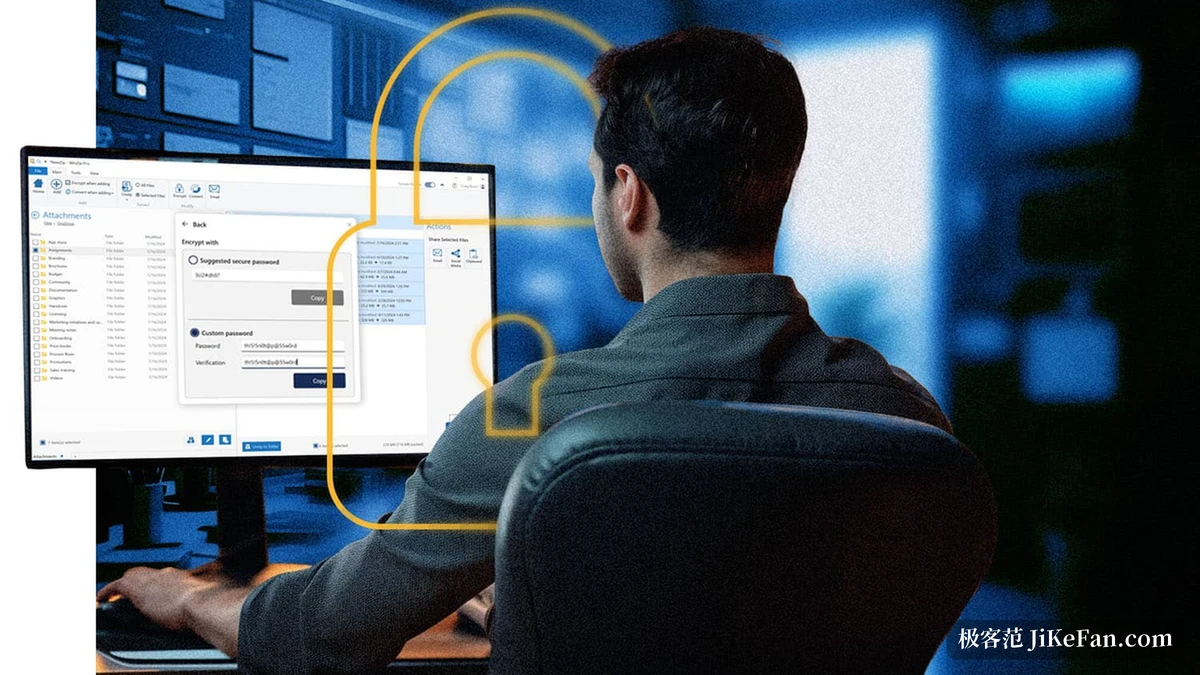 WinZip Pro 界面截图：左侧为待压缩的文件夹列表，中间弹出 Encrypt with 对话框，可选用建议密码或自定义密码